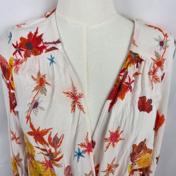 Michelle Morin For Anthropologie Blouse Sz M Floral Tiger Print Wrap Tie Waist - Picture 7 of 14